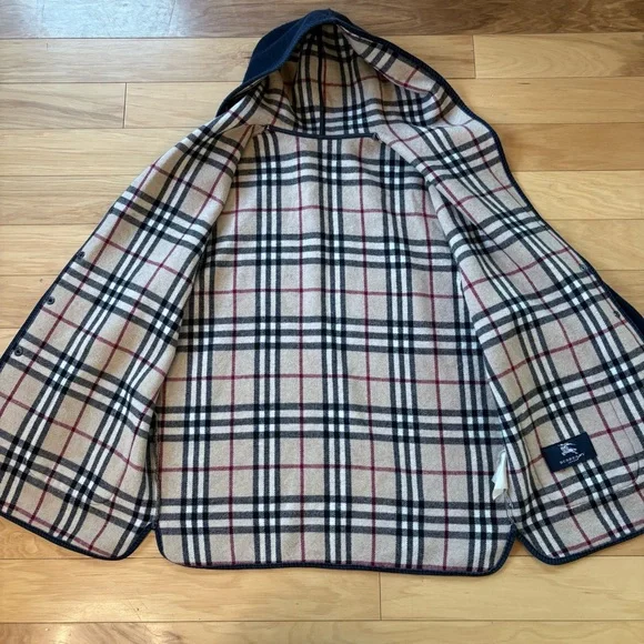 Vintage Burberry Car Coat Womens Sz 18 House Check Blue Hooded Wool Jacket - Picture 8 of 15